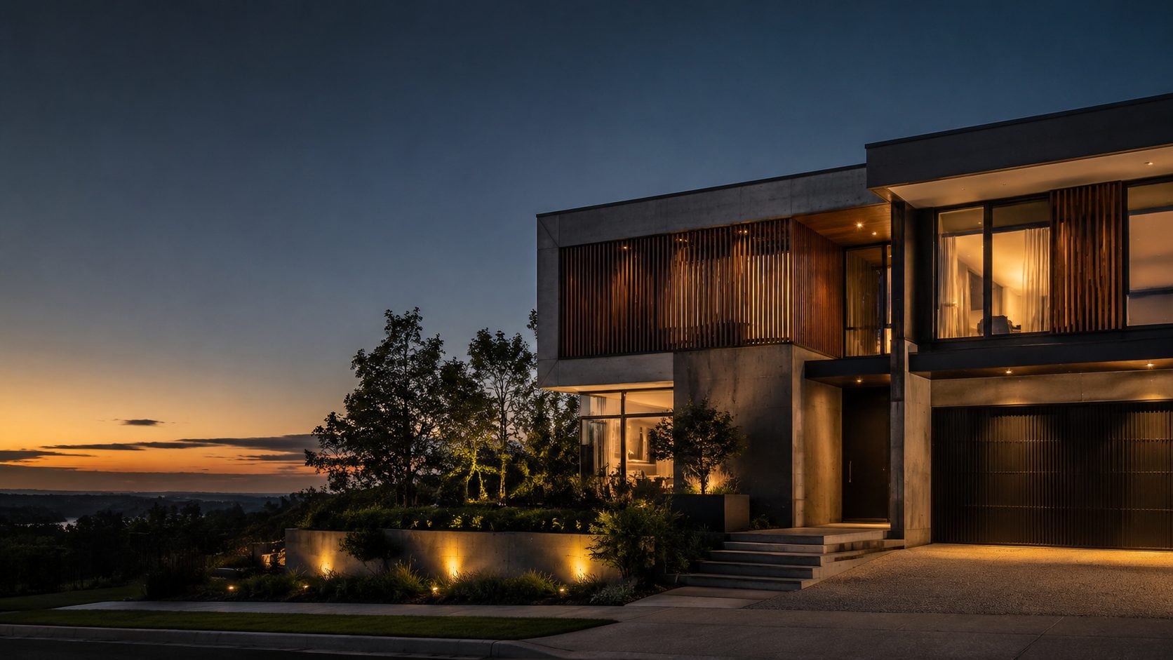 Modern home exterior at dusk